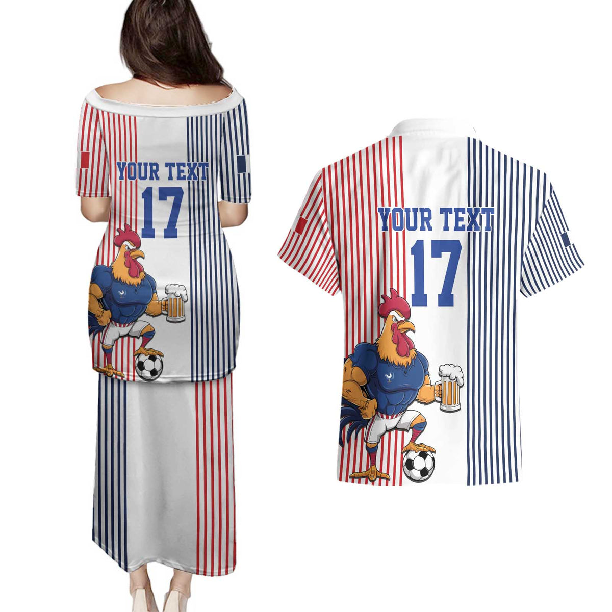Custom France Football Couples Matching Puletasi and Hawaiian Shirt White Gallic Rooster Mascot