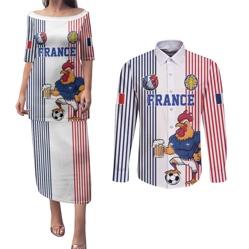 Custom France Football Couples Matching Puletasi and Long Sleeve Button Shirt White Gallic Rooster Mascot