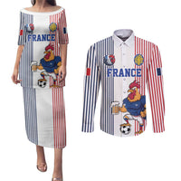 Custom France Football Couples Matching Puletasi and Long Sleeve Button Shirt White Gallic Rooster Mascot