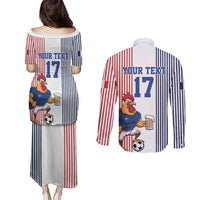Custom France Football Couples Matching Puletasi and Long Sleeve Button Shirt White Gallic Rooster Mascot
