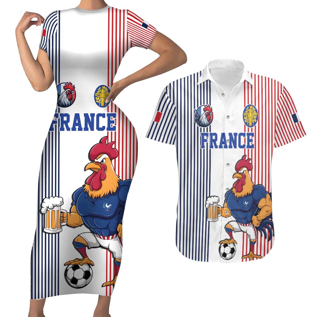 Custom France Football Couples Matching Short Sleeve Bodycon Dress and Hawaiian Shirt White Gallic Rooster Mascot