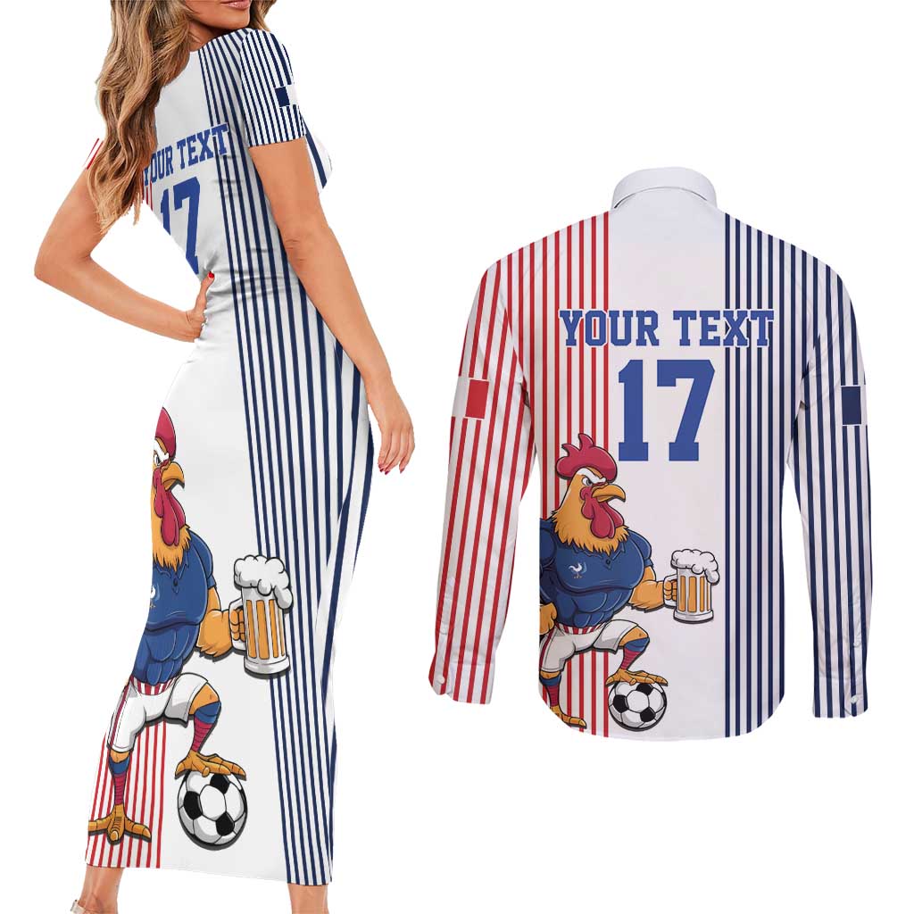 Custom France Football Couples Matching Short Sleeve Bodycon Dress and Long Sleeve Button Shirt White Gallic Rooster Mascot