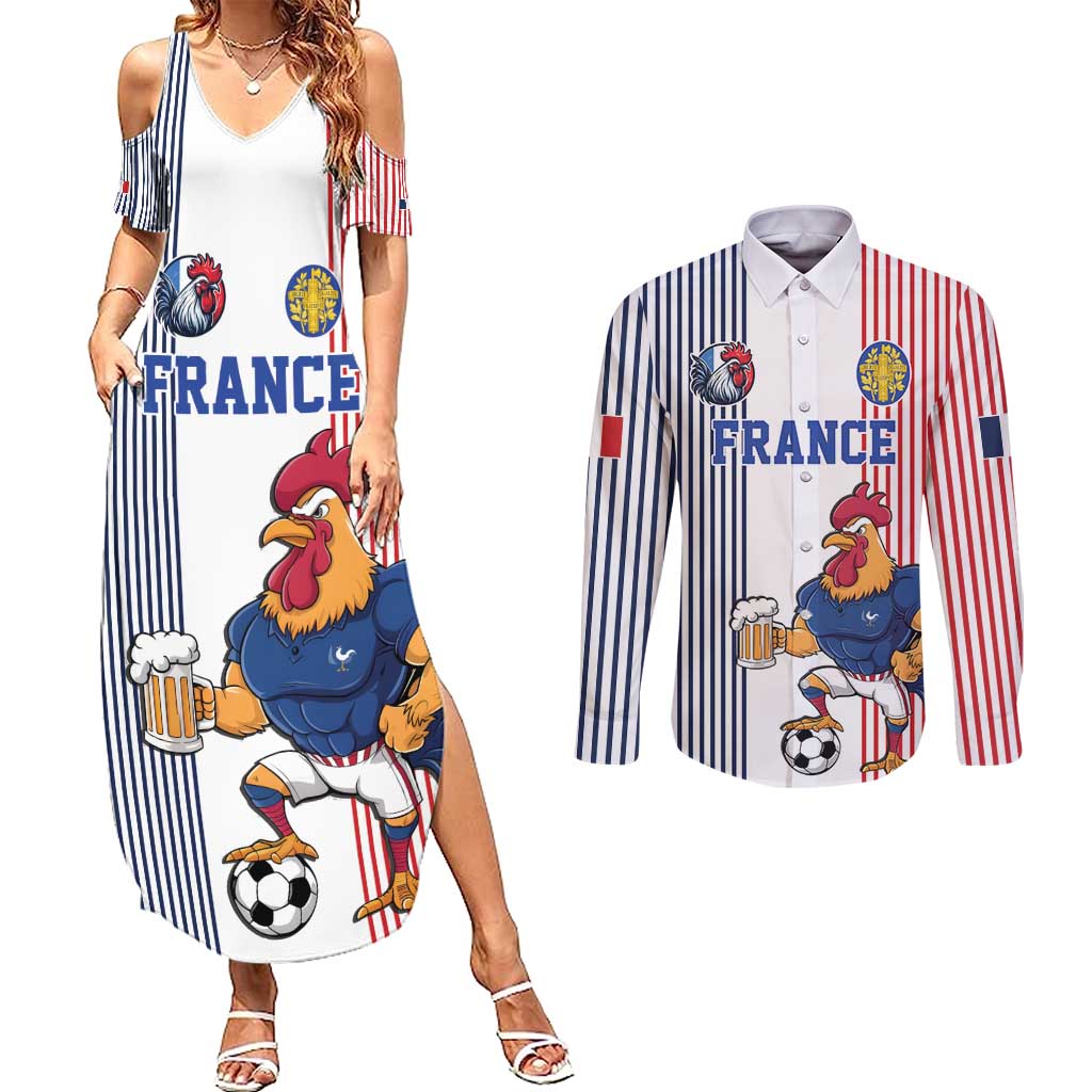 Custom France Football Couples Matching Summer Maxi Dress and Long Sleeve Button Shirt White Gallic Rooster Mascot