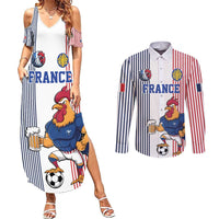 Custom France Football Couples Matching Summer Maxi Dress and Long Sleeve Button Shirt White Gallic Rooster Mascot