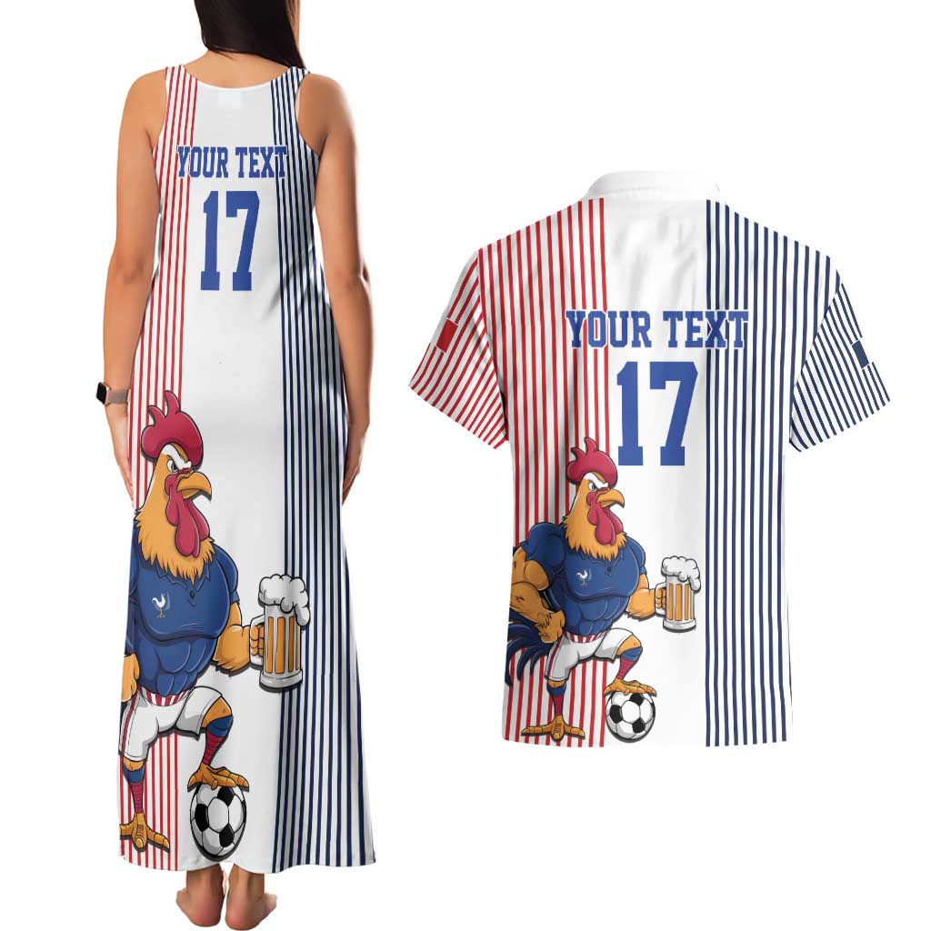 Custom France Football Couples Matching Tank Maxi Dress and Hawaiian Shirt White Gallic Rooster Mascot