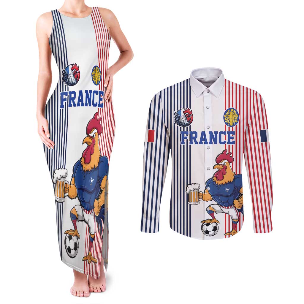 Custom France Football Couples Matching Tank Maxi Dress and Long Sleeve Button Shirt White Gallic Rooster Mascot