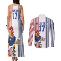Custom France Football Couples Matching Tank Maxi Dress and Long Sleeve Button Shirt White Gallic Rooster Mascot