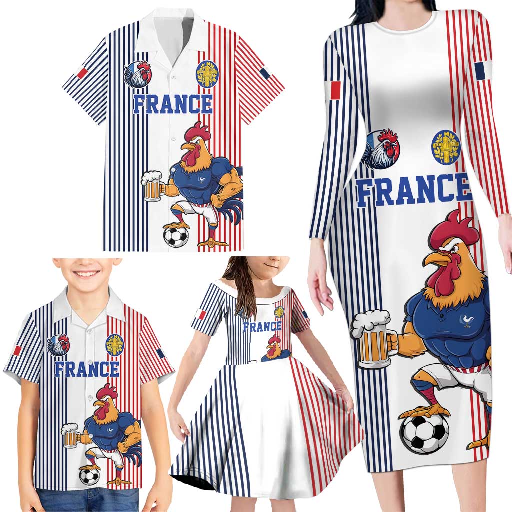 Custom France Football Family Matching Long Sleeve Bodycon Dress and Hawaiian Shirt White Gallic Rooster Mascot