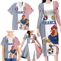 Custom France Football Family Matching Long Sleeve Bodycon Dress and Hawaiian Shirt White Gallic Rooster Mascot