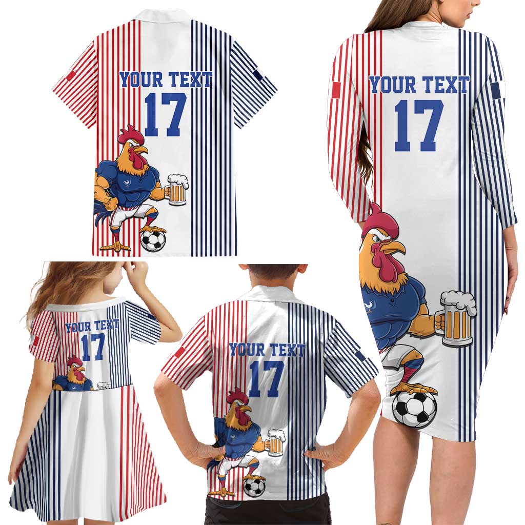 Custom France Football Family Matching Long Sleeve Bodycon Dress and Hawaiian Shirt White Gallic Rooster Mascot
