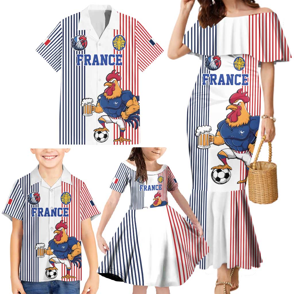 Custom France Football Family Matching Mermaid Dress and Hawaiian Shirt White Gallic Rooster Mascot