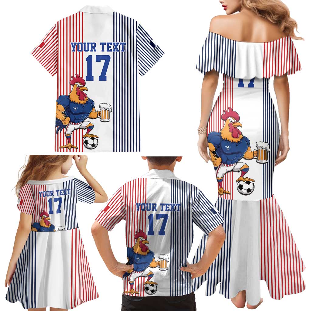Custom France Football Family Matching Mermaid Dress and Hawaiian Shirt White Gallic Rooster Mascot