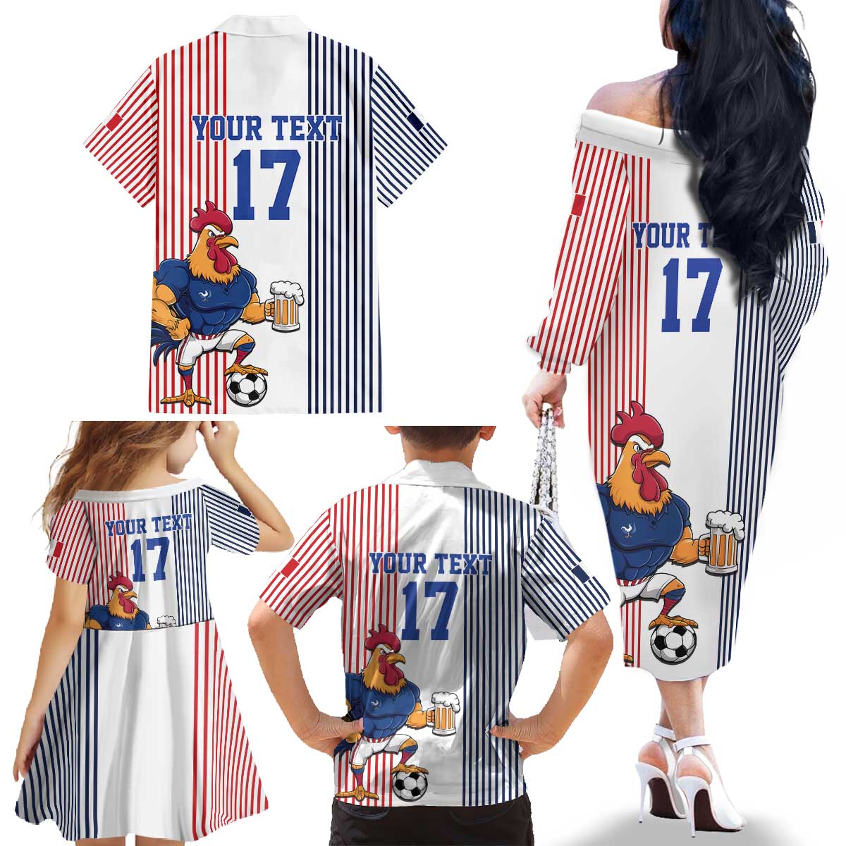Custom France Football Family Matching Off The Shoulder Long Sleeve Dress and Hawaiian Shirt White Gallic Rooster Mascot