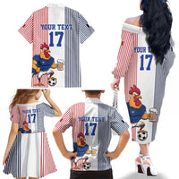 Custom France Football Family Matching Off The Shoulder Long Sleeve Dress and Hawaiian Shirt White Gallic Rooster Mascot