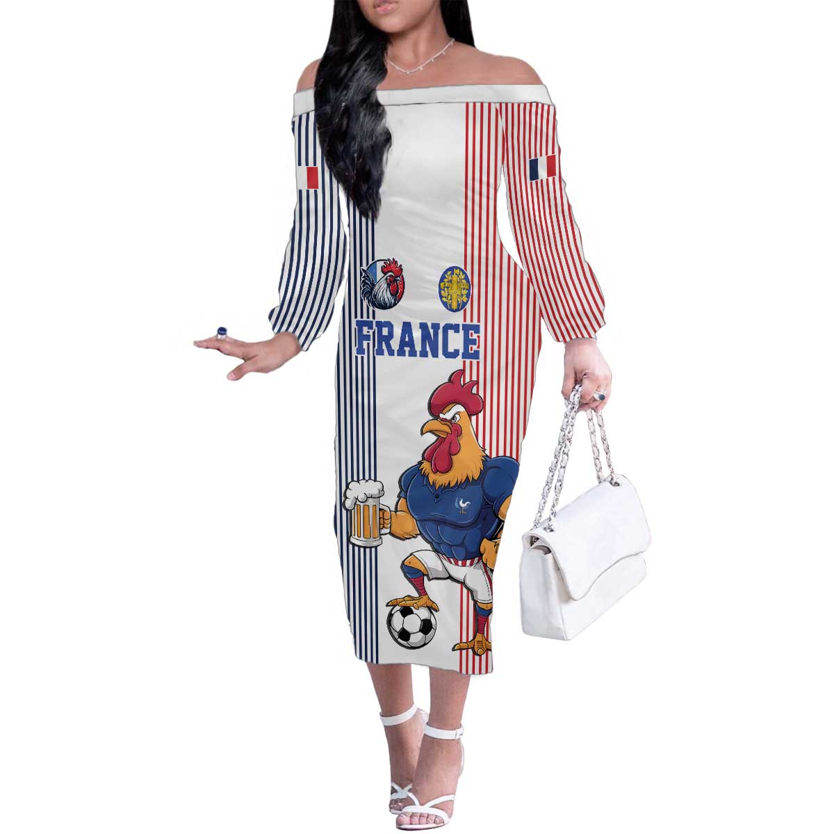 Custom France Football Family Matching Off The Shoulder Long Sleeve Dress and Hawaiian Shirt White Gallic Rooster Mascot