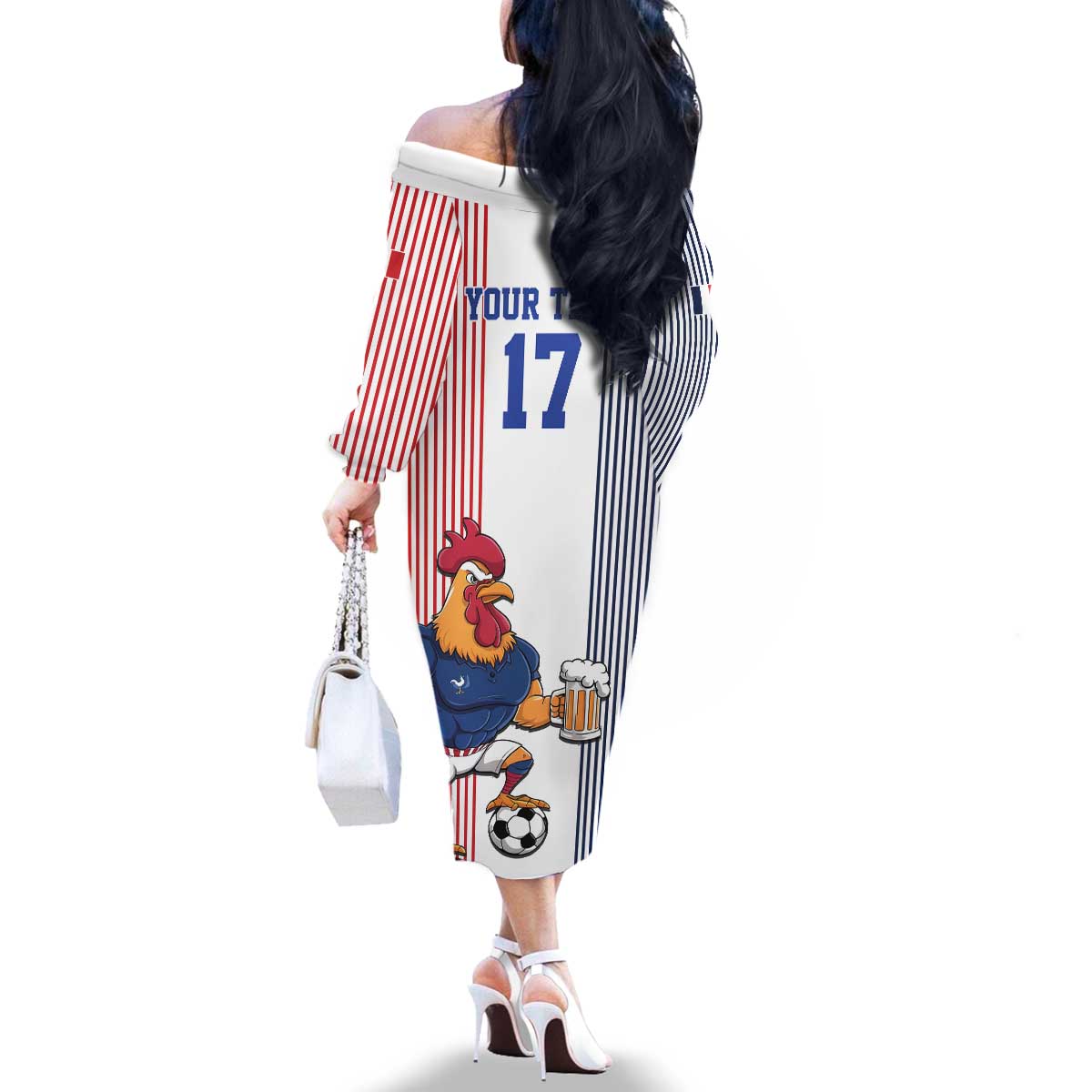 Custom France Football Family Matching Off The Shoulder Long Sleeve Dress and Hawaiian Shirt White Gallic Rooster Mascot