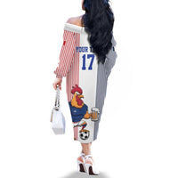 Custom France Football Family Matching Off The Shoulder Long Sleeve Dress and Hawaiian Shirt White Gallic Rooster Mascot