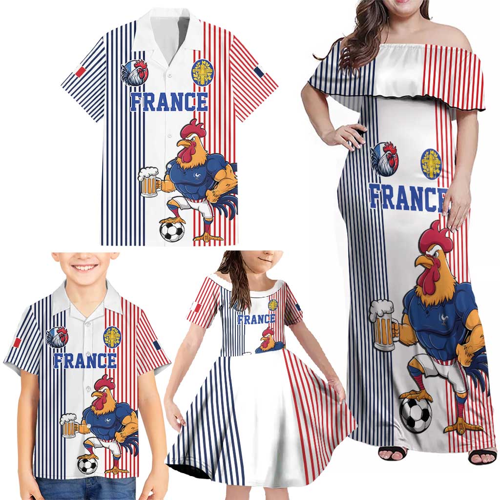 Custom France Football Family Matching Off Shoulder Maxi Dress and Hawaiian Shirt White Gallic Rooster Mascot