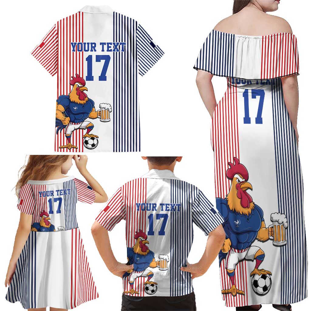 Custom France Football Family Matching Off Shoulder Maxi Dress and Hawaiian Shirt White Gallic Rooster Mascot