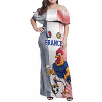 Custom France Football Family Matching Off Shoulder Maxi Dress and Hawaiian Shirt White Gallic Rooster Mascot
