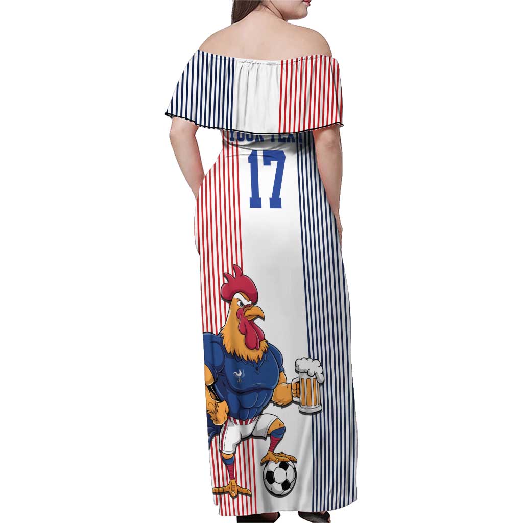 Custom France Football Family Matching Off Shoulder Maxi Dress and Hawaiian Shirt White Gallic Rooster Mascot