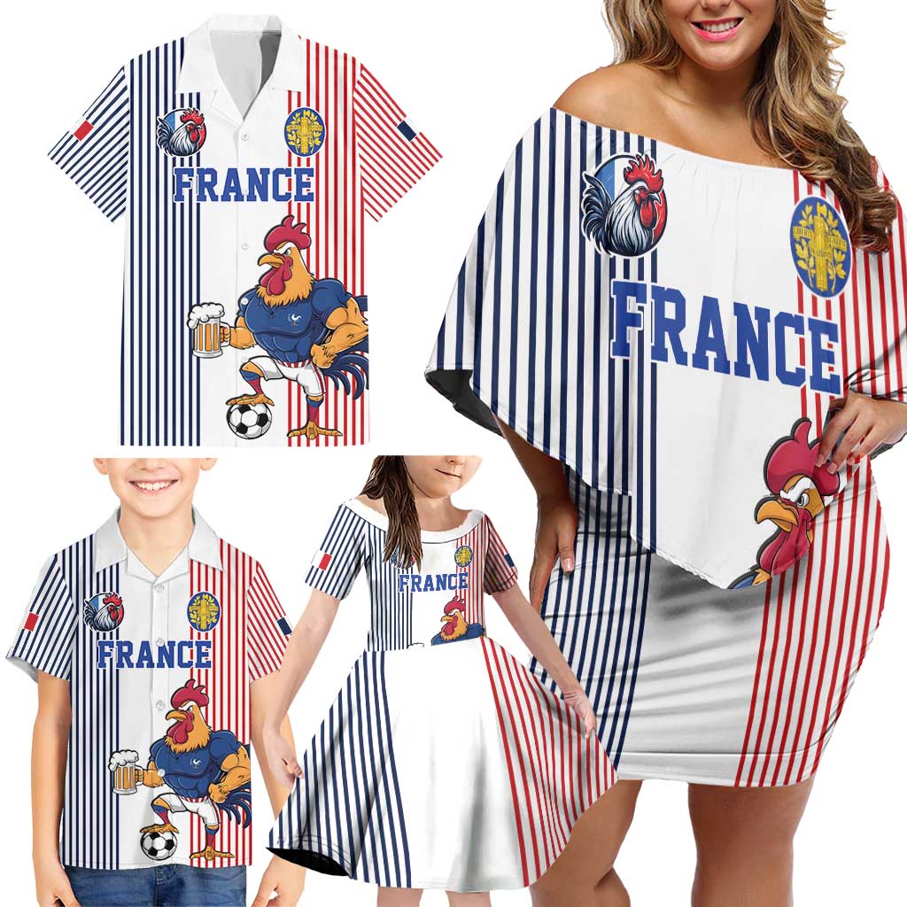 Custom France Football Family Matching Off Shoulder Short Dress and Hawaiian Shirt White Gallic Rooster Mascot