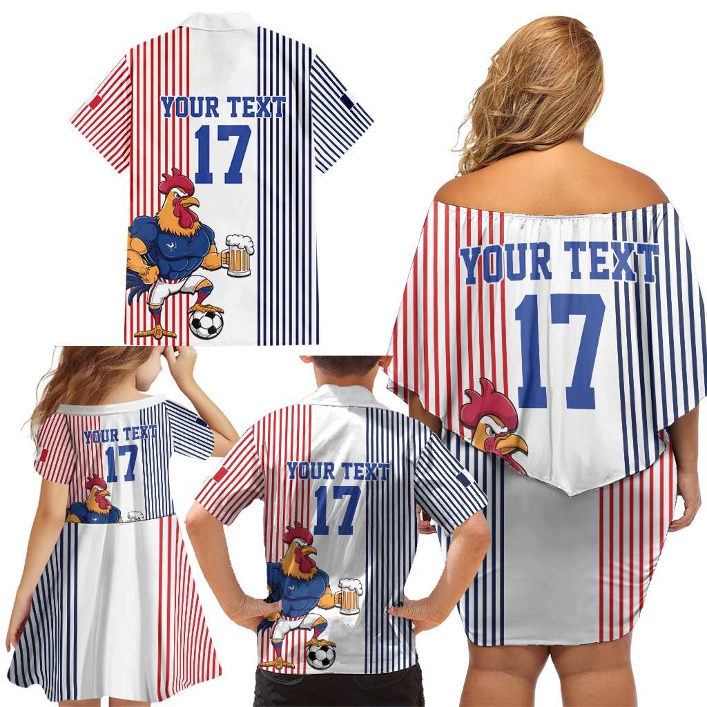 Custom France Football Family Matching Off Shoulder Short Dress and Hawaiian Shirt White Gallic Rooster Mascot