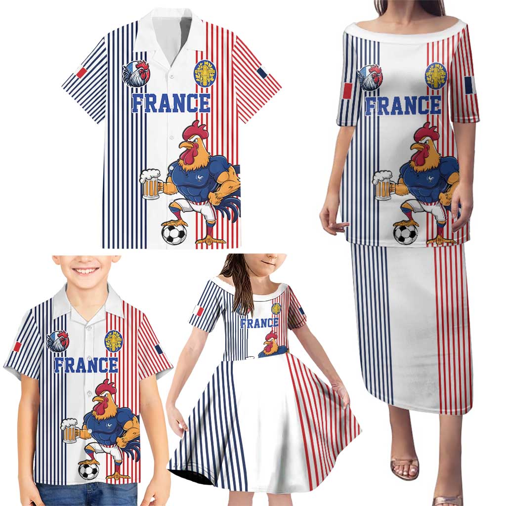 Custom France Football Family Matching Puletasi and Hawaiian Shirt White Gallic Rooster Mascot