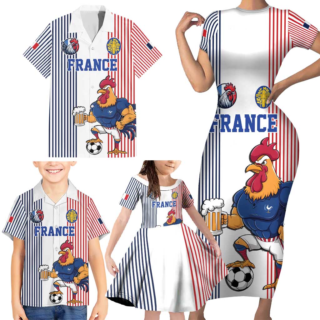 Custom France Football Family Matching Short Sleeve Bodycon Dress and Hawaiian Shirt White Gallic Rooster Mascot