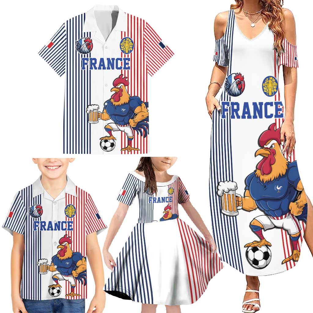 Custom France Football Family Matching Summer Maxi Dress and Hawaiian Shirt White Gallic Rooster Mascot