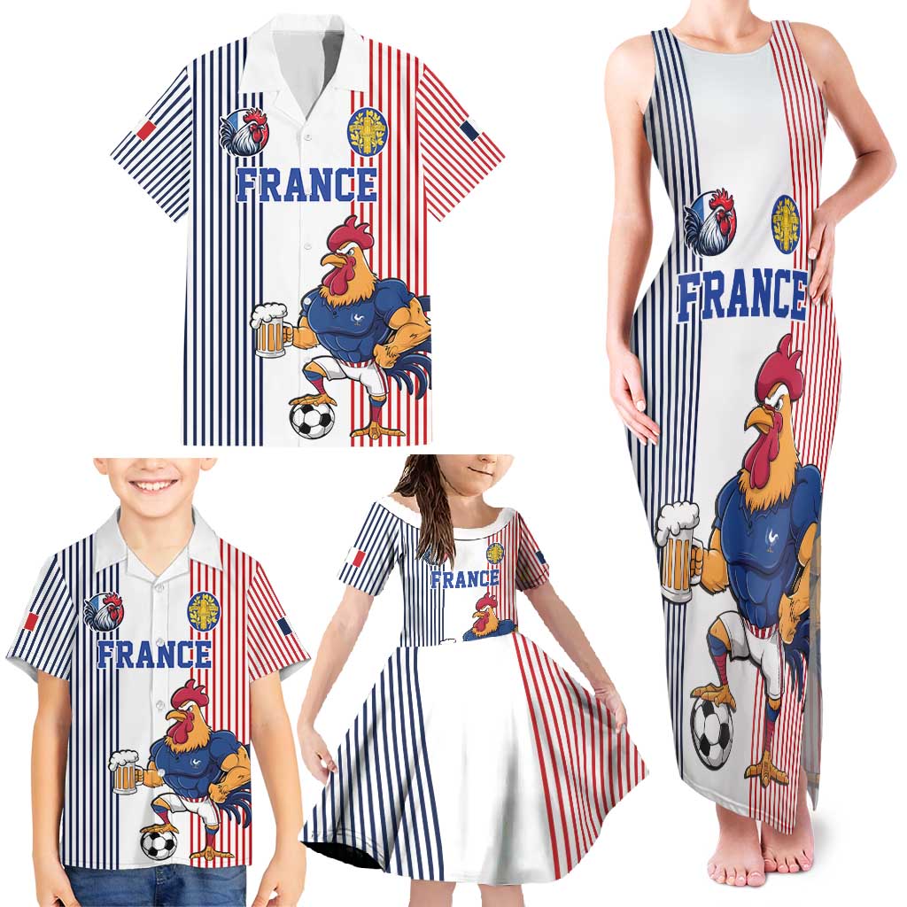 Custom France Football Family Matching Tank Maxi Dress and Hawaiian Shirt White Gallic Rooster Mascot