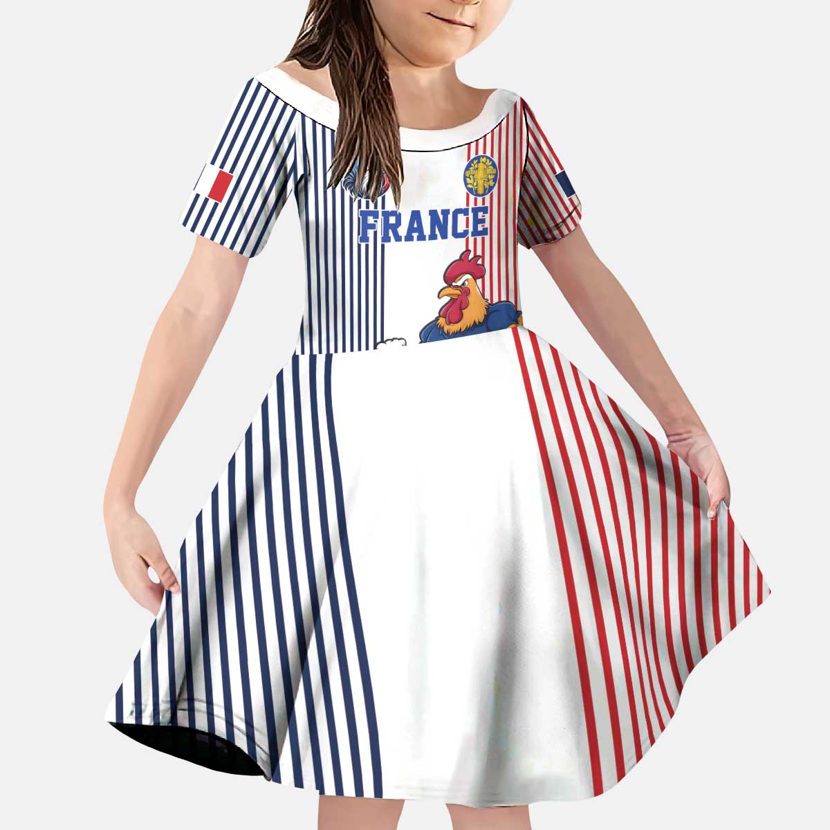 Custom France Football Kid Short Sleeve Dress White Gallic Rooster Mascot