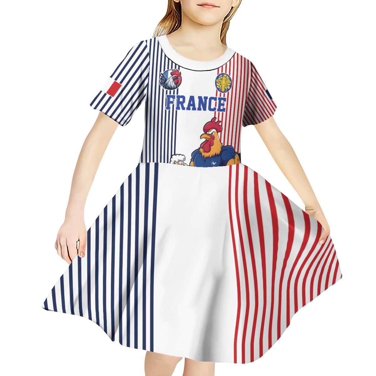 Custom France Football Kid Short Sleeve Dress White Gallic Rooster Mascot