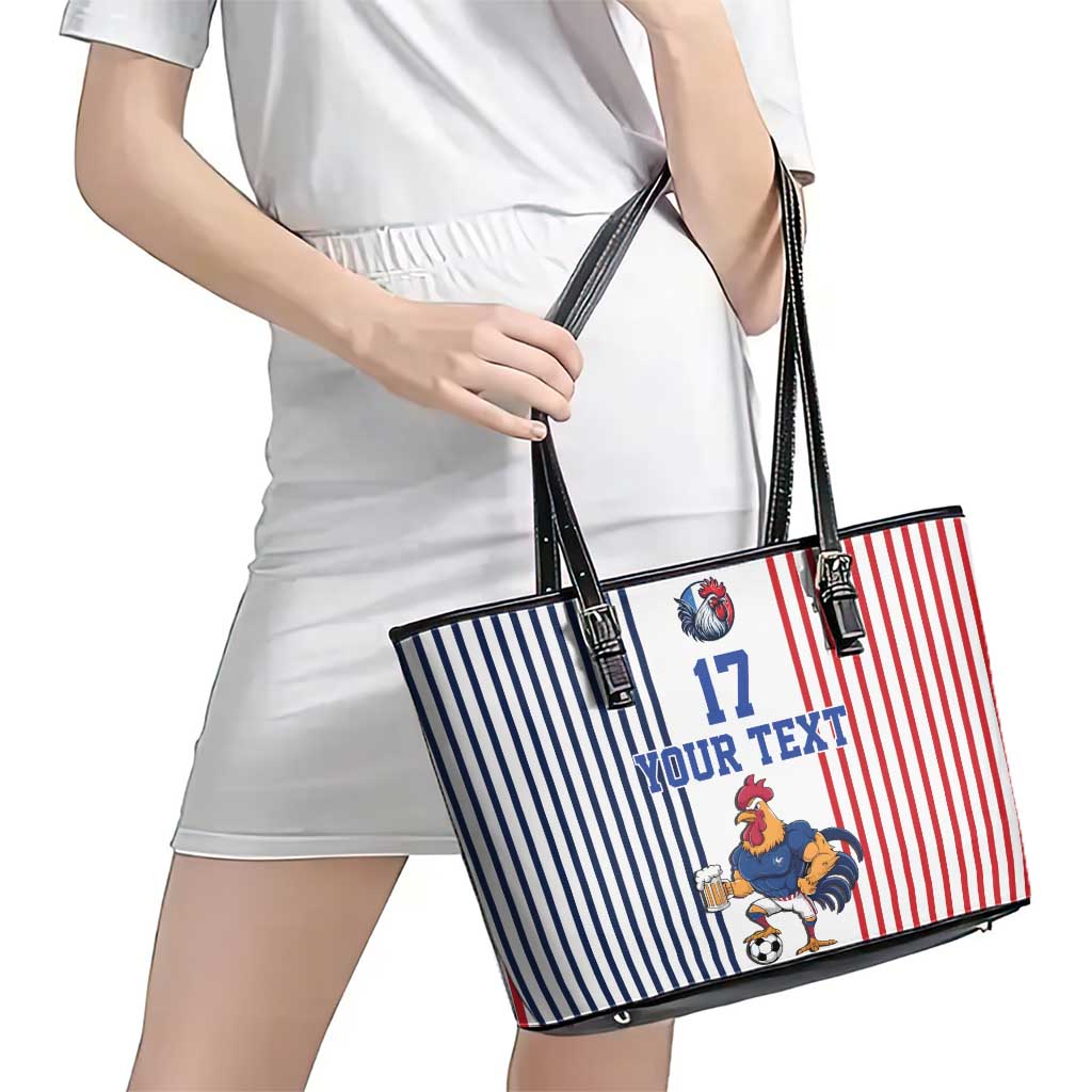 Custom France Football Leather Tote Bag White Gallic Rooster Mascot