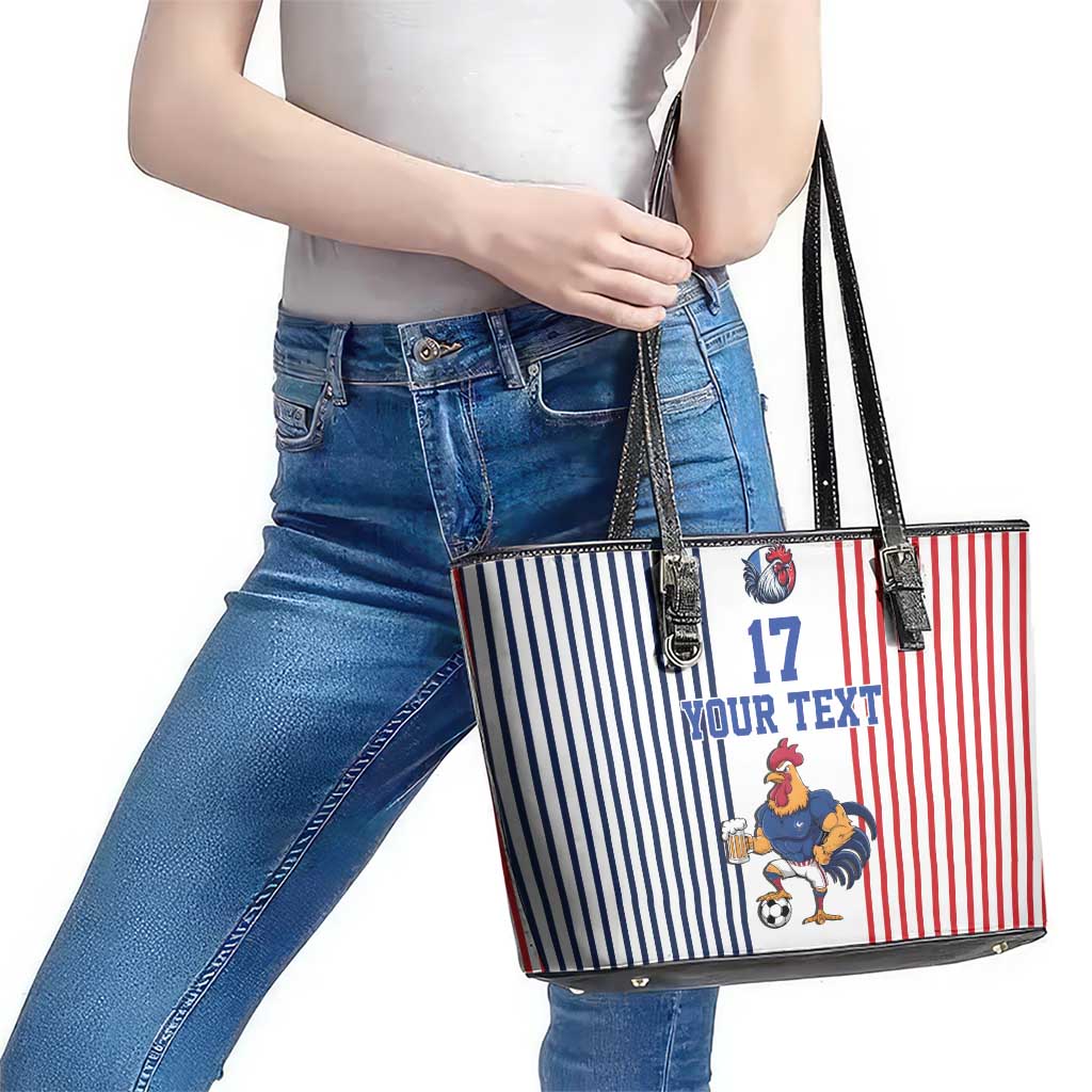 Custom France Football Leather Tote Bag White Gallic Rooster Mascot