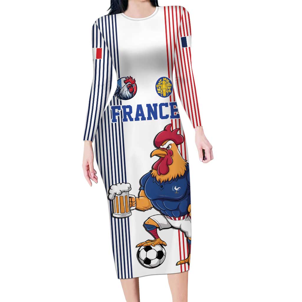 Custom France Football Long Sleeve Bodycon Dress White Gallic Rooster Mascot