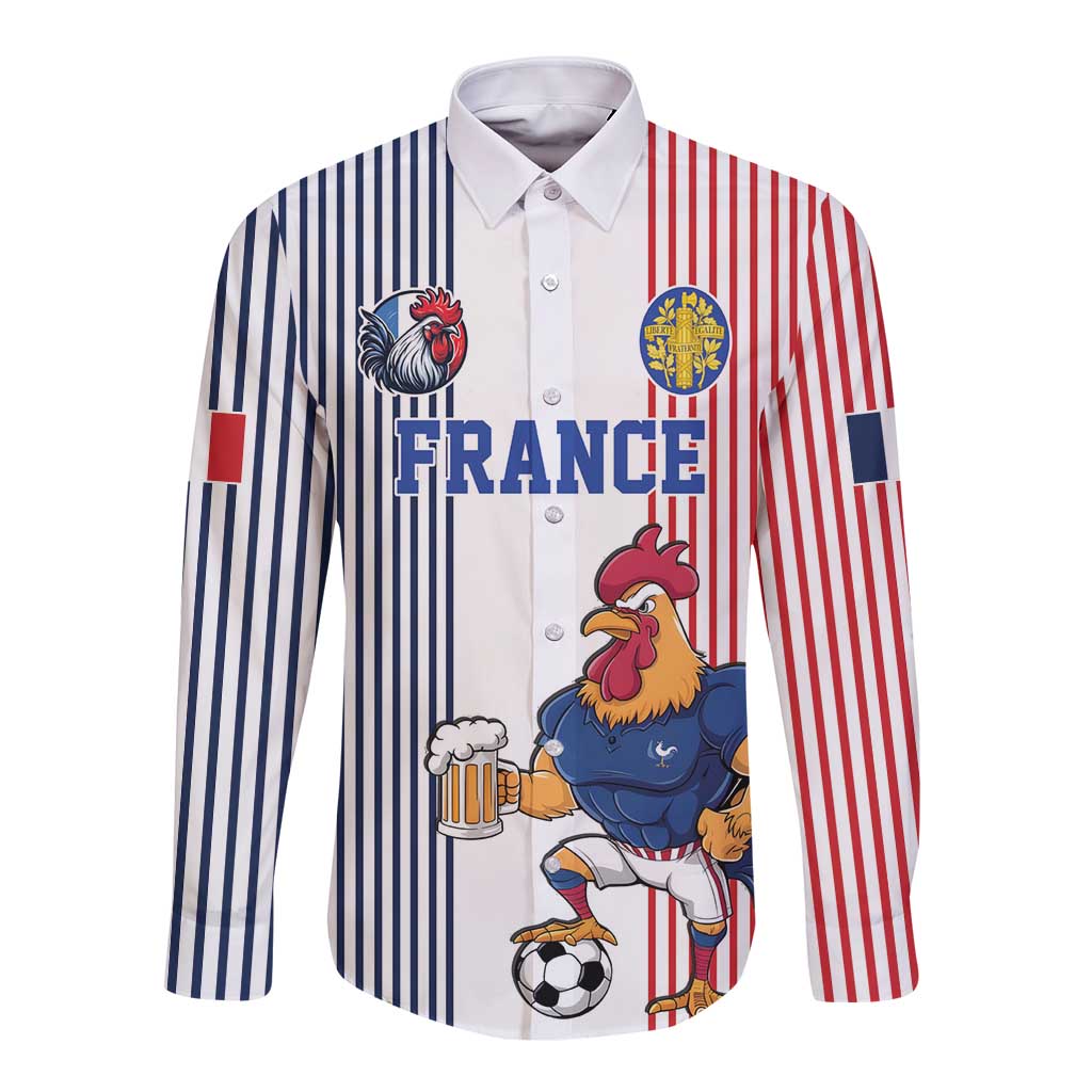 Custom France Football Long Sleeve Button Shirt White Gallic Rooster Mascot