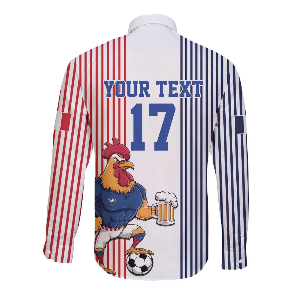 Custom France Football Long Sleeve Button Shirt White Gallic Rooster Mascot