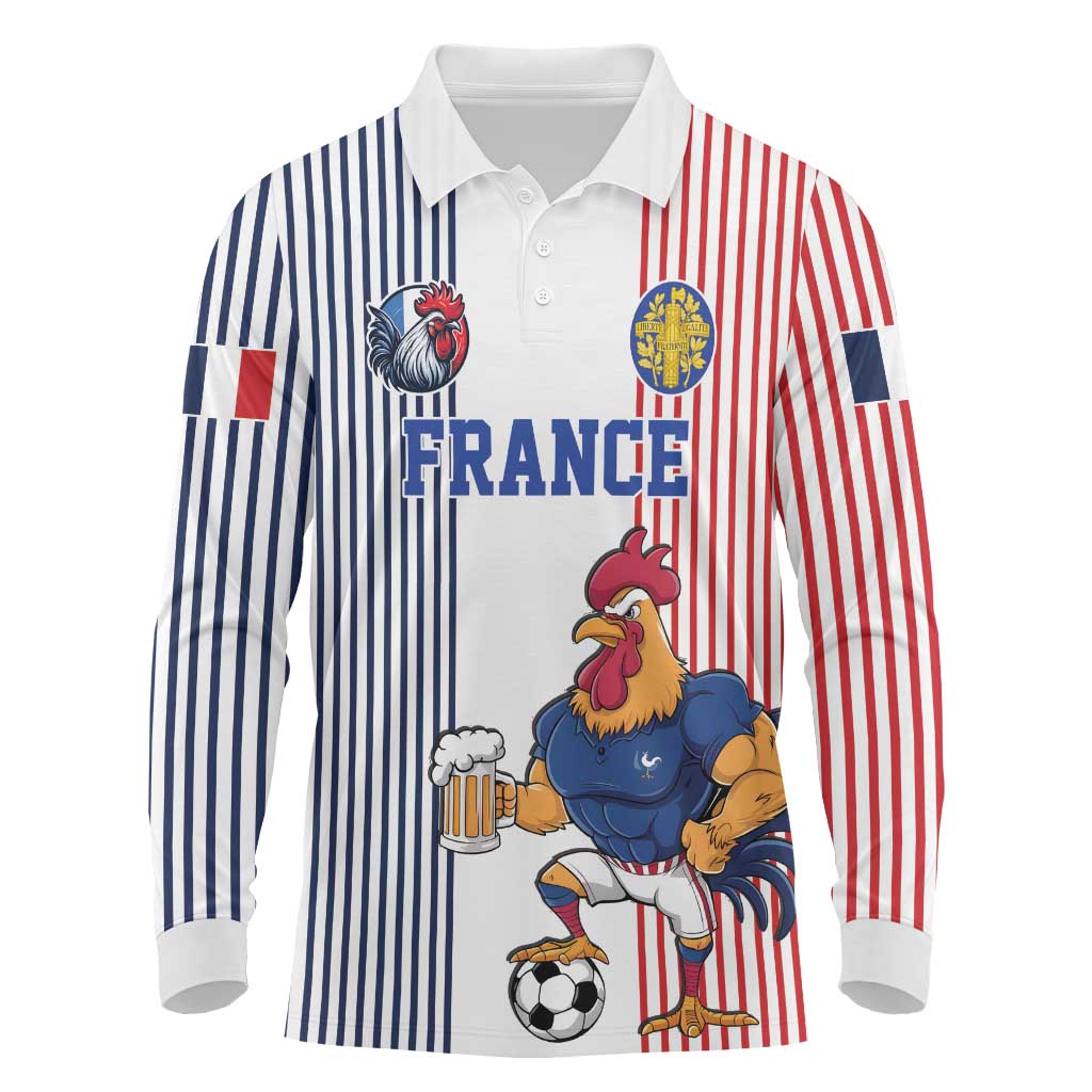 Custom France Football Long Sleeve Polo Shirt White Gallic Rooster Mascot