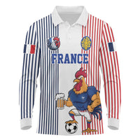 Custom France Football Long Sleeve Polo Shirt White Gallic Rooster Mascot