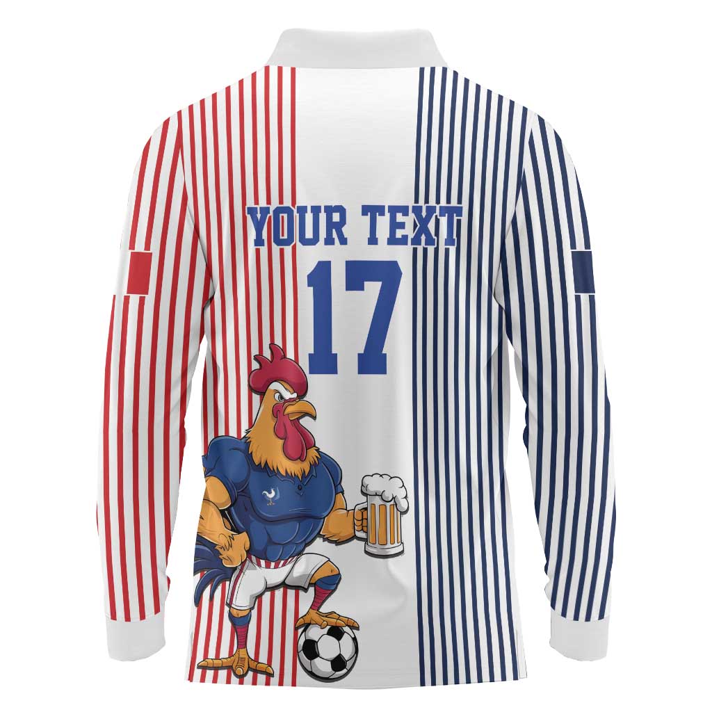 Custom France Football Long Sleeve Polo Shirt White Gallic Rooster Mascot