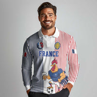 Custom France Football Long Sleeve Polo Shirt White Gallic Rooster Mascot
