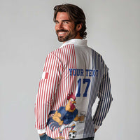 Custom France Football Long Sleeve Polo Shirt White Gallic Rooster Mascot