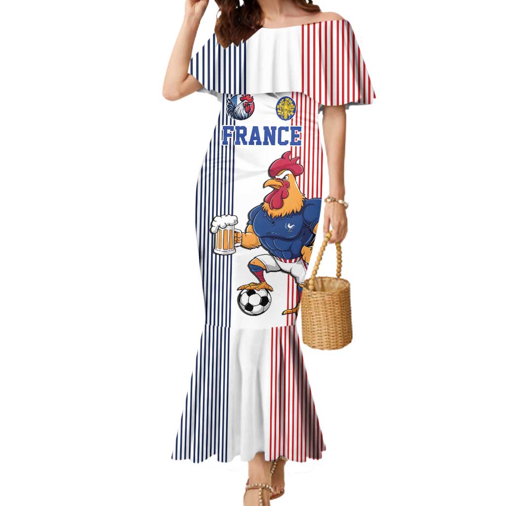 Custom France Football Mermaid Dress White Gallic Rooster Mascot