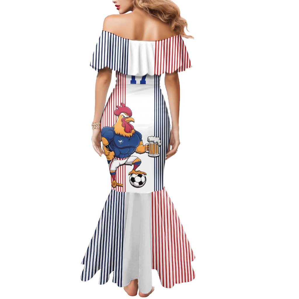 Custom France Football Mermaid Dress White Gallic Rooster Mascot
