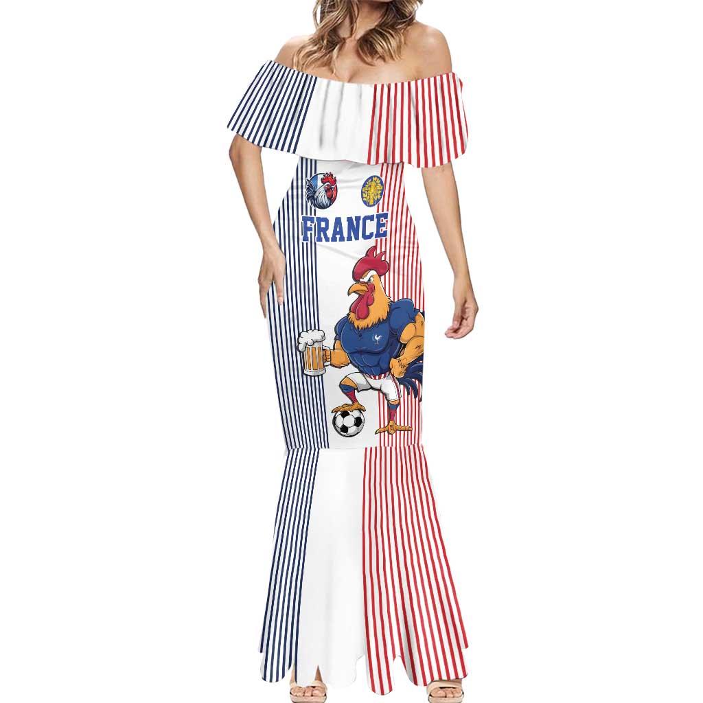 Custom France Football Mermaid Dress White Gallic Rooster Mascot