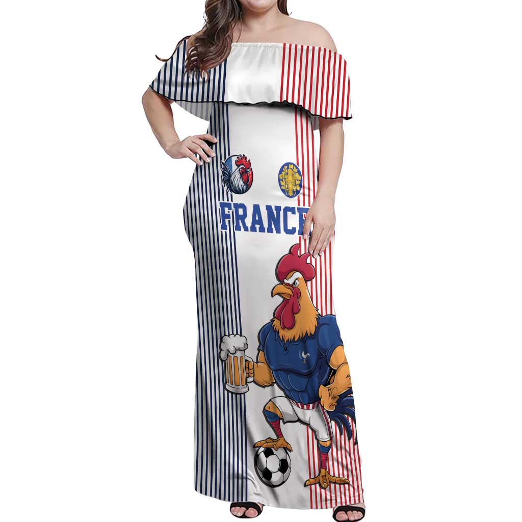 Custom France Football Off Shoulder Maxi Dress White Gallic Rooster Mascot