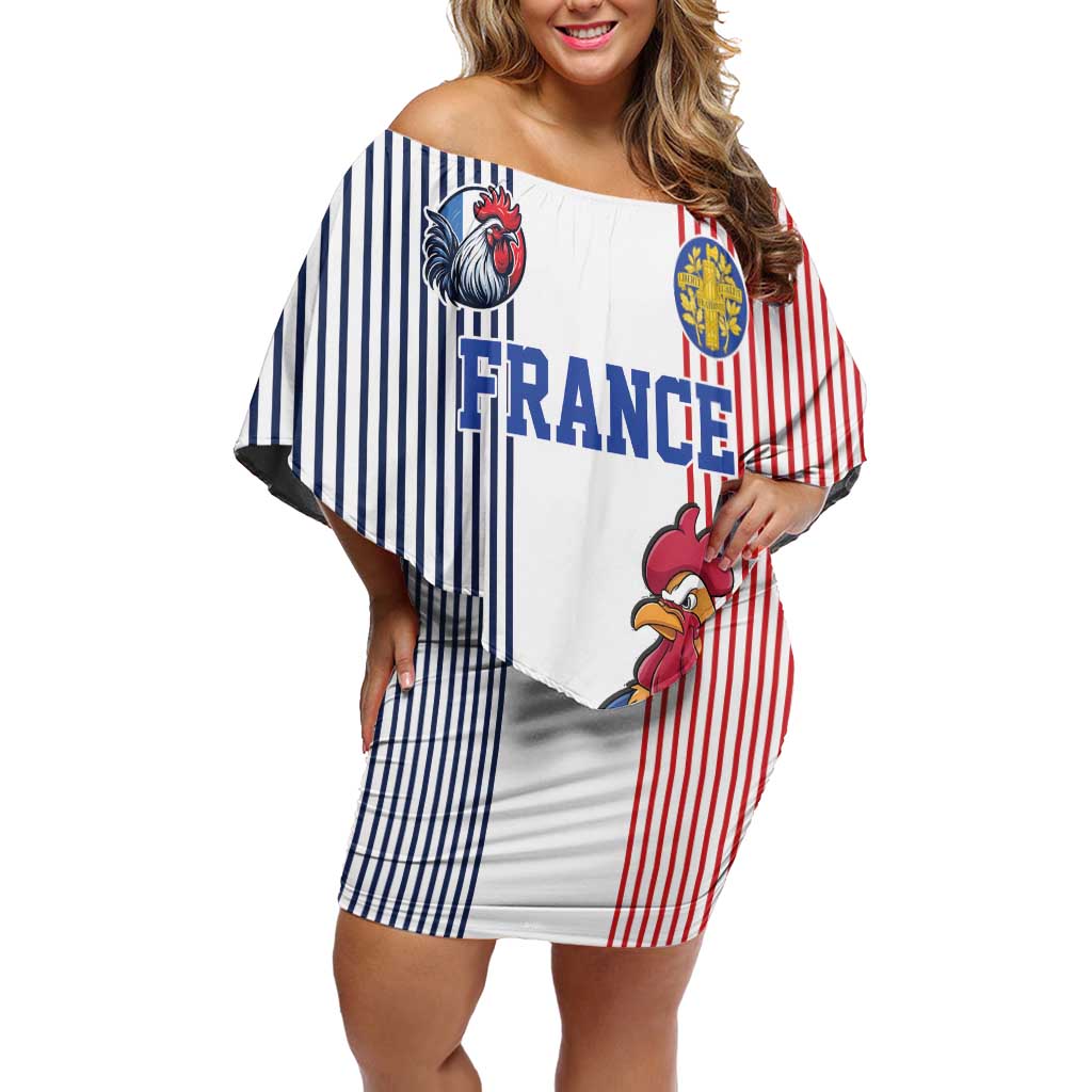 Custom France Football Off Shoulder Short Dress White Gallic Rooster Mascot