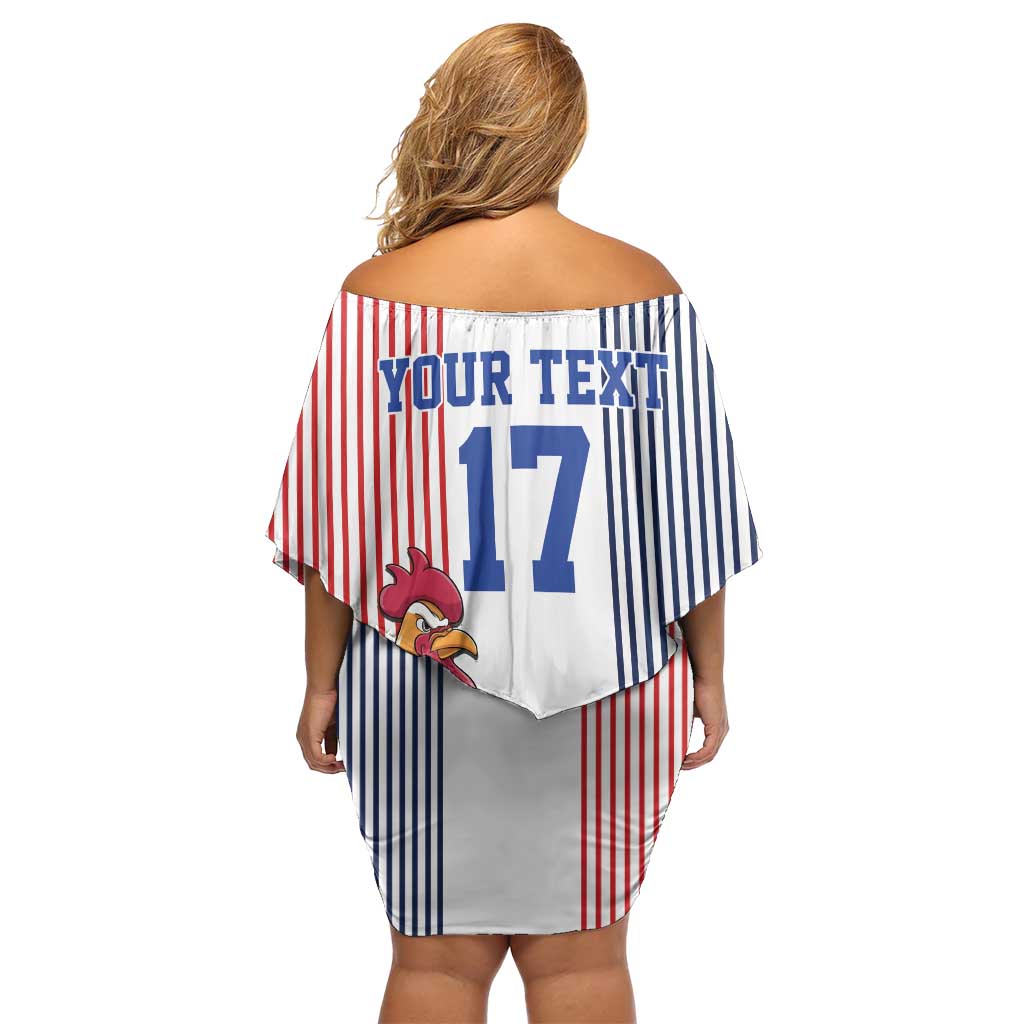 Custom France Football Off Shoulder Short Dress White Gallic Rooster Mascot