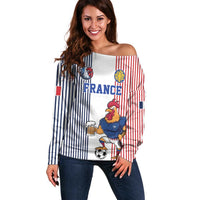 Custom France Football Off Shoulder Sweater White Gallic Rooster Mascot